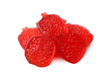 Photo of Pile of delicious gummy pomegranate candies on white background