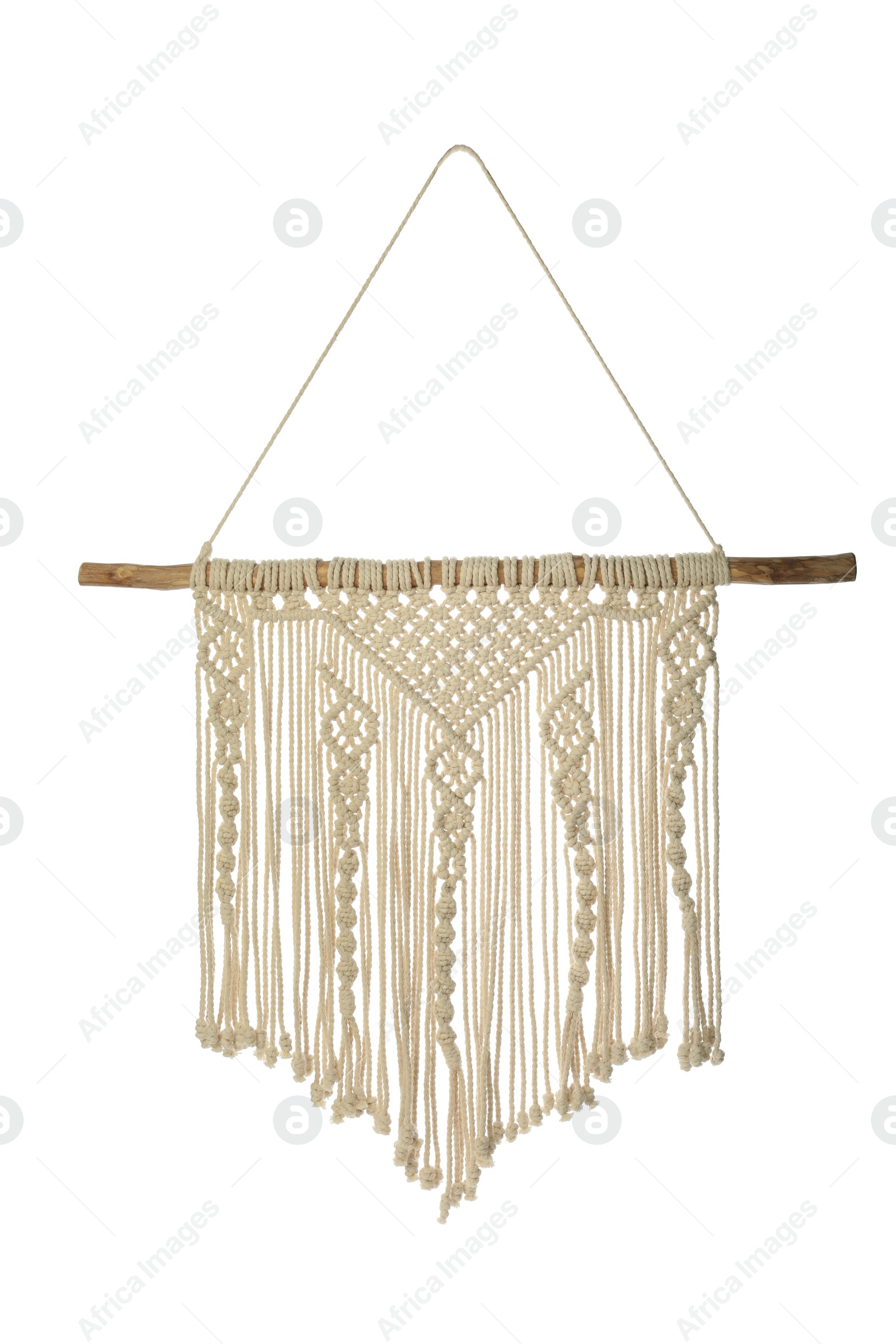 Photo of Beautiful macrame isolated on white. Decorative element