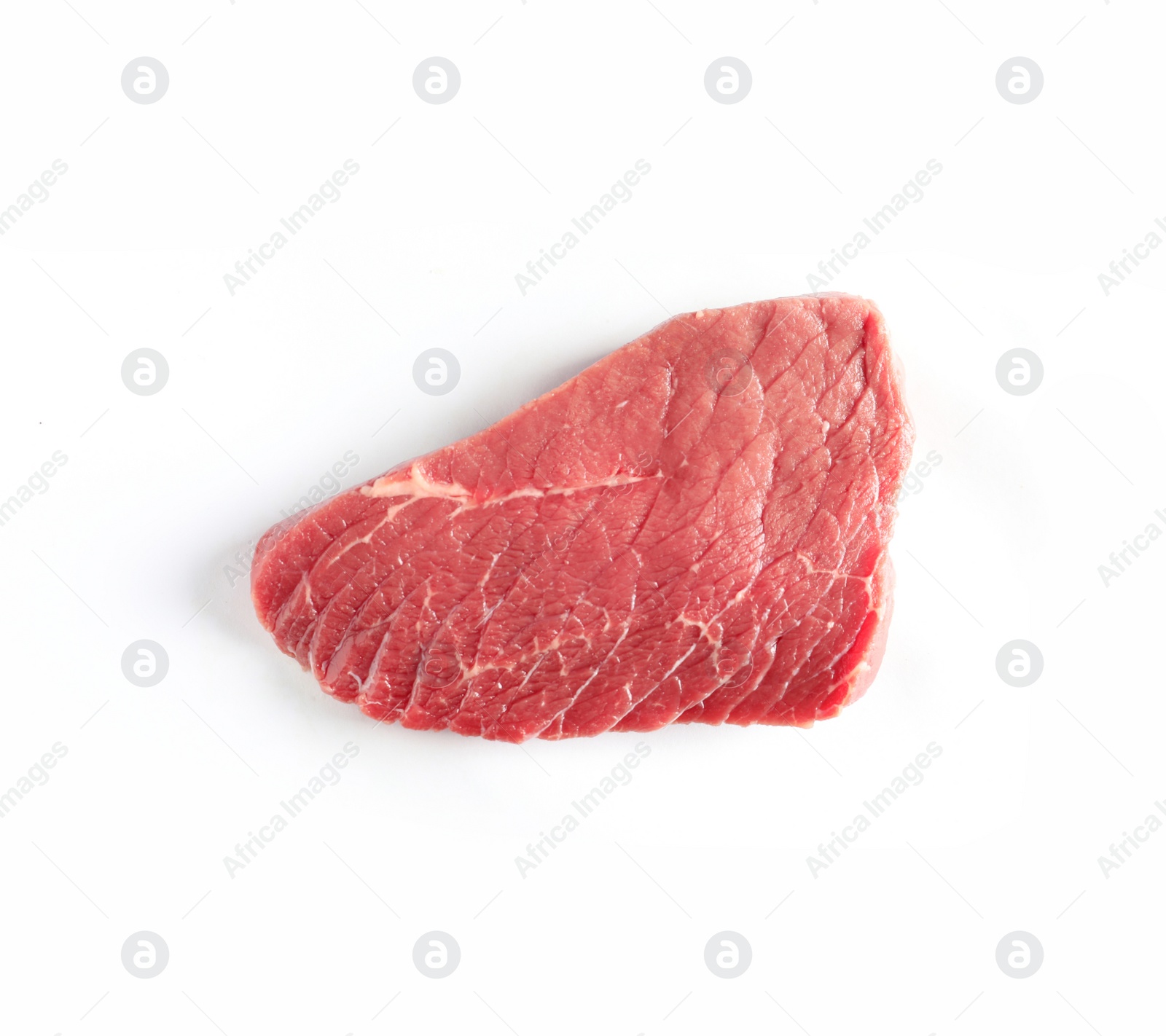 Photo of Piece of raw beef on white background, top view. Natural food high in protein