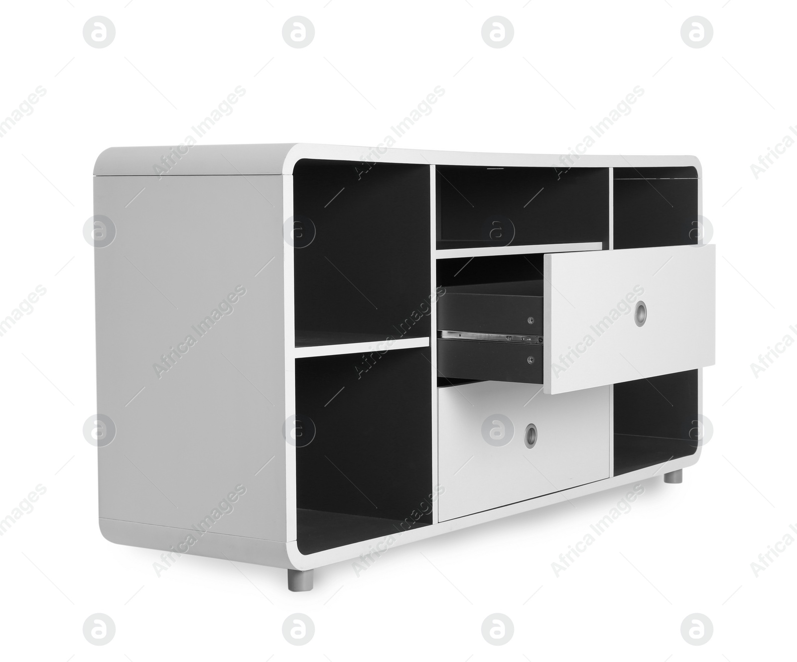 Photo of Stylish shelving unit with empty compartments on white background. Furniture for wardrobe room