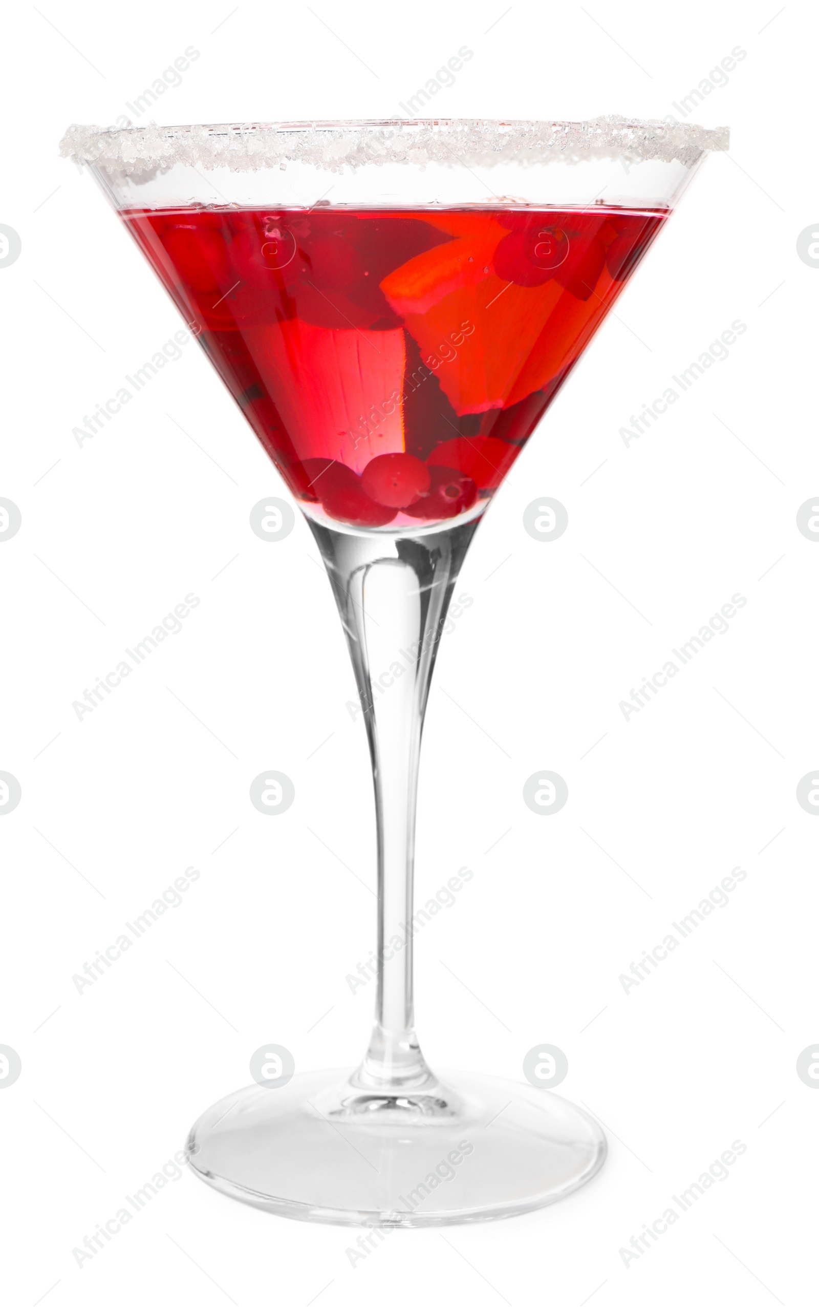 Photo of Tasty cranberry cocktail with sugar and orange in glass isolated on white