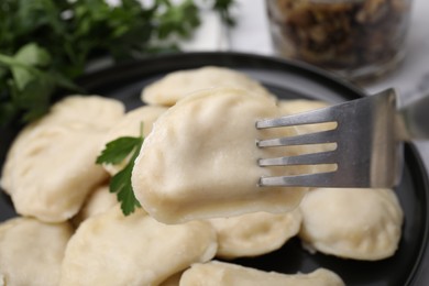 Fork with delicious dumpling (varenyk) with tasty filling above plate, closeup