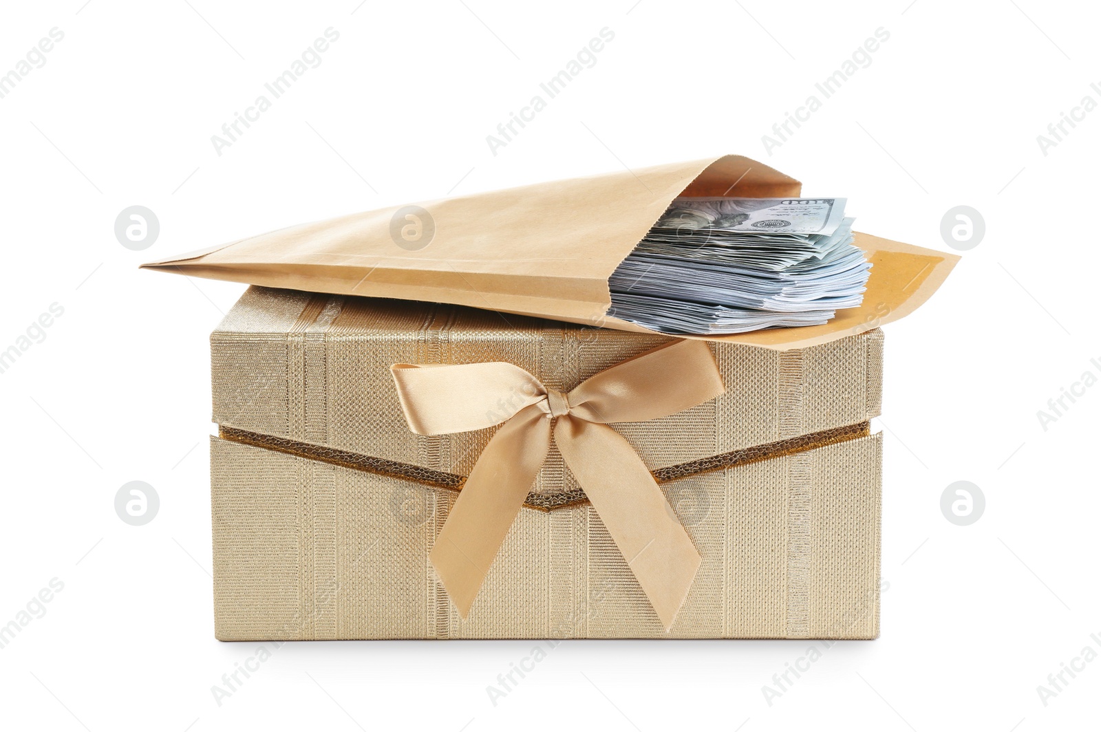 Photo of Envelope with dollar bills and gift box isolated on white