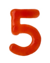 Number 5 written with red sauce on white background