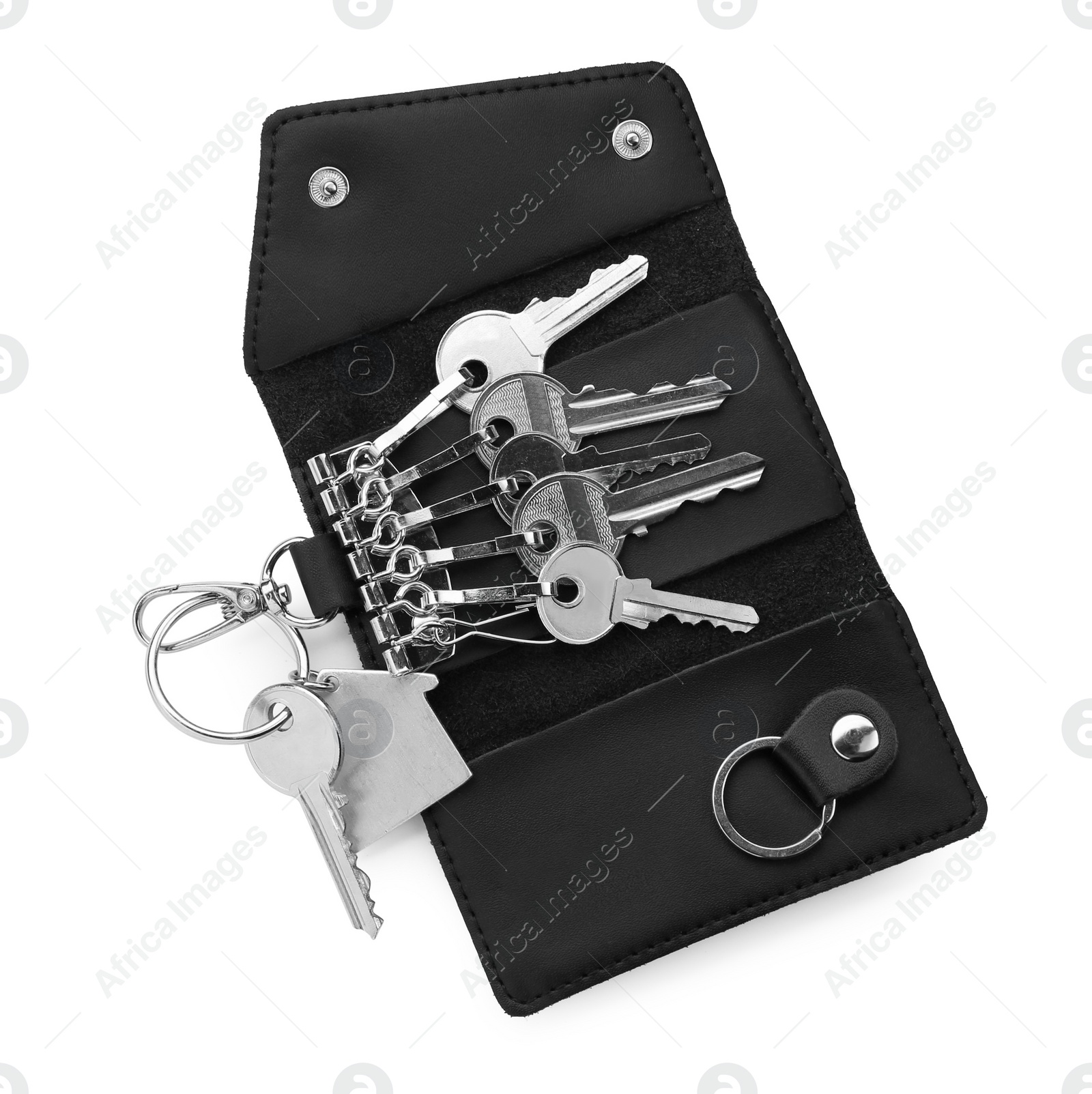 Photo of Stylish leather holder with keys isolated on white, top view