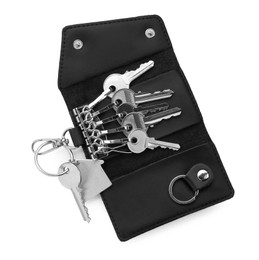 Stylish leather holder with keys isolated on white, top view