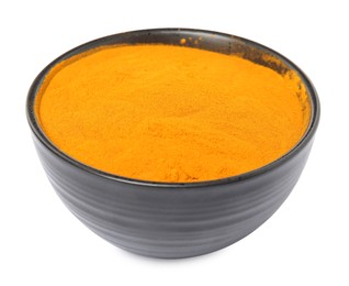 Aromatic saffron powder in bowl on white background