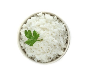 Photo of Bowl of boiled rice on white background, top view