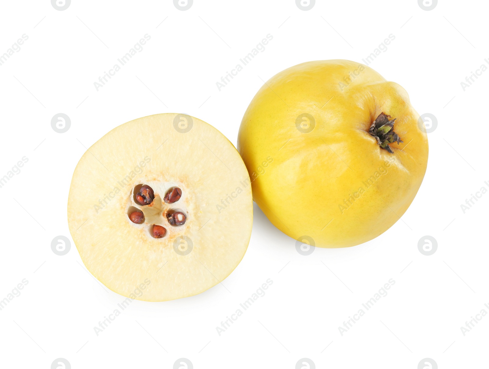 Photo of Ripe whole and cut quinces isolated on white