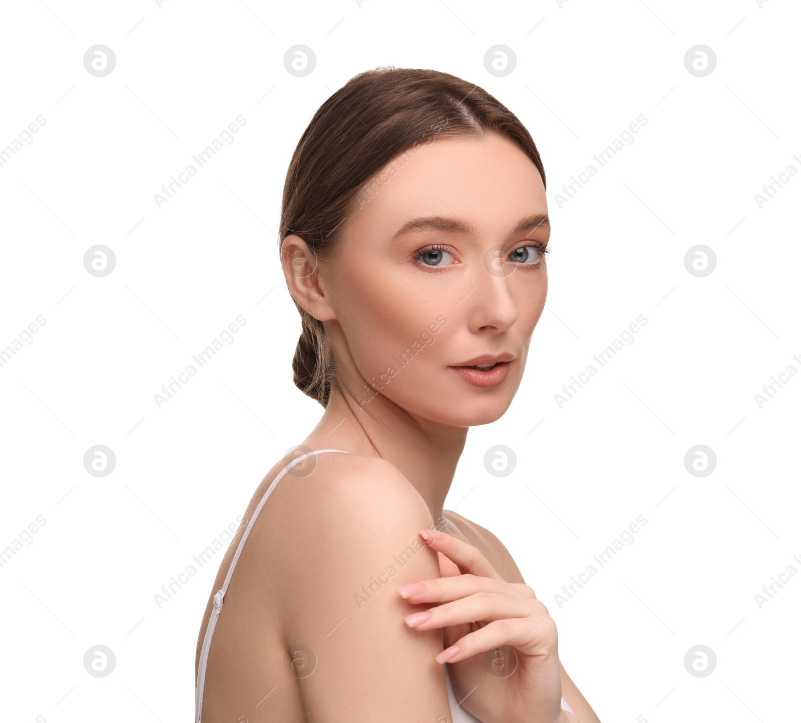 Photo of Beautiful woman with healthy skin on white background