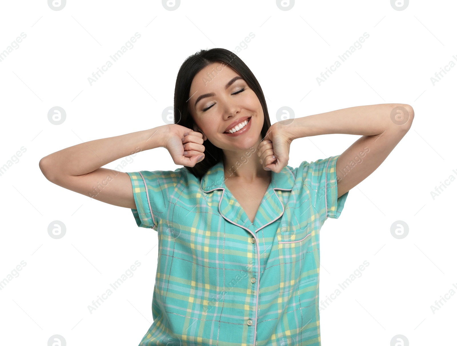 Photo of Beautiful Asian woman wearing pajamas on white background. Bedtime