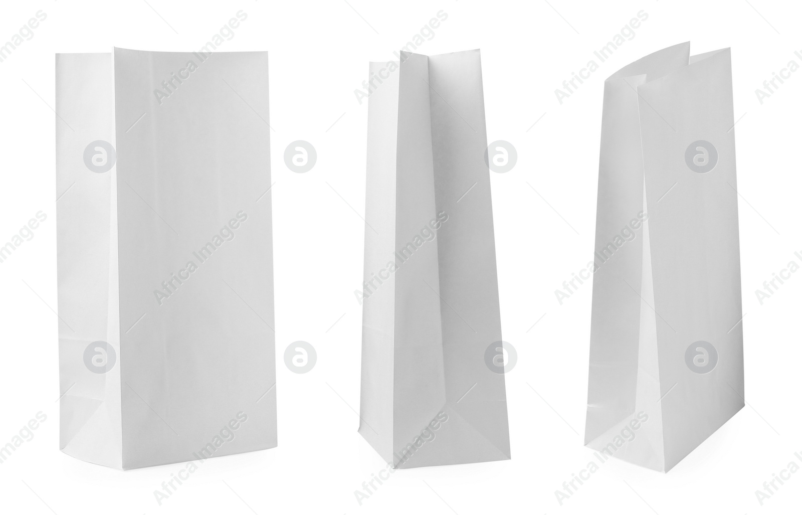 Image of Set with paper bags on white background 