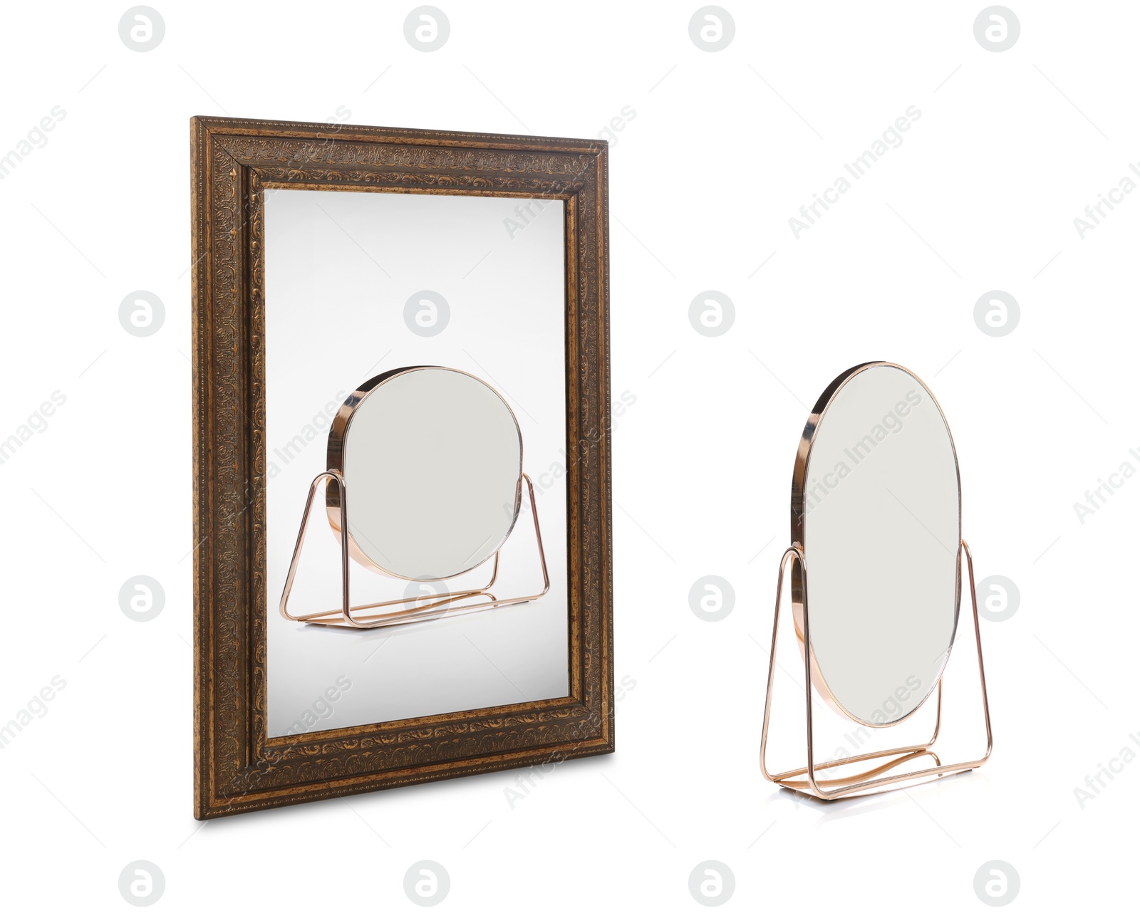 Image of Desk mirror and reflection on white background