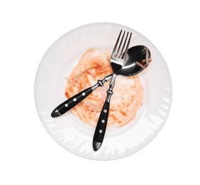 Dirty plate and cutlery on white background, top view