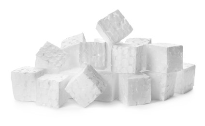 Photo of Pile of styrofoam cubes on white background