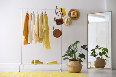 Rack with stylish women's clothes and mirror indoors. Interior design