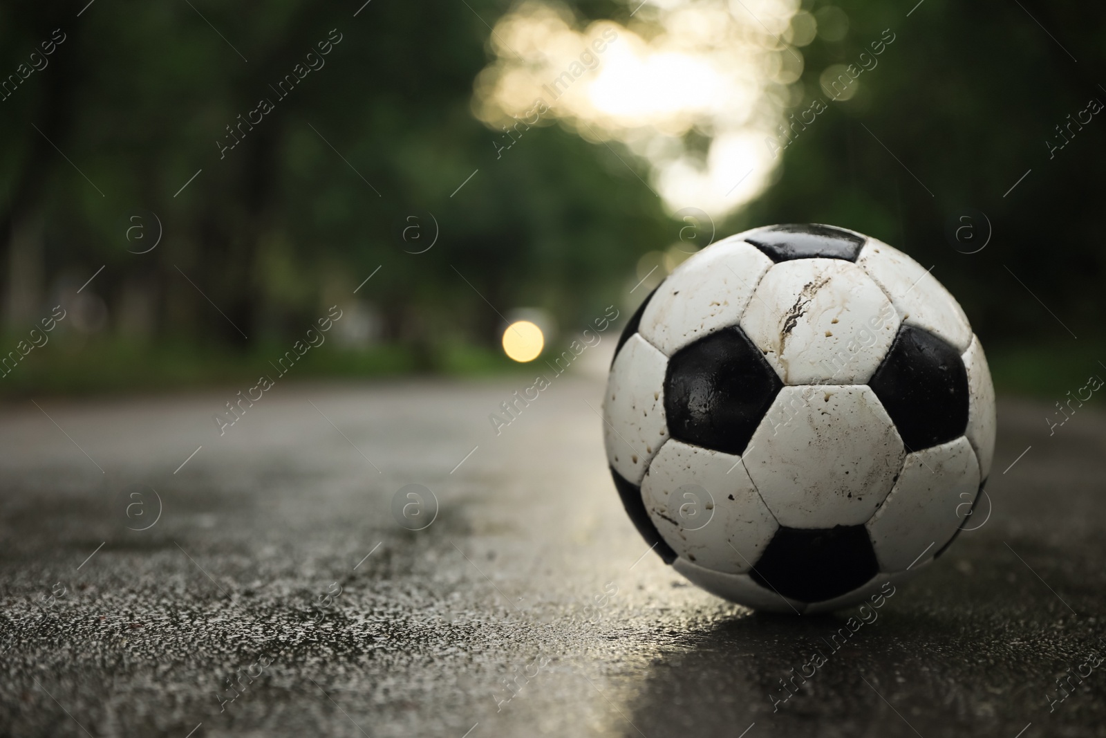 Photo of Dirty leather soccer ball on wet road, space for text