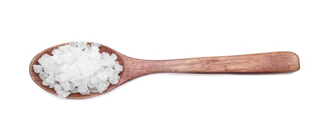 Photo of Wooden spoon with natural sea salt isolated on white, top view