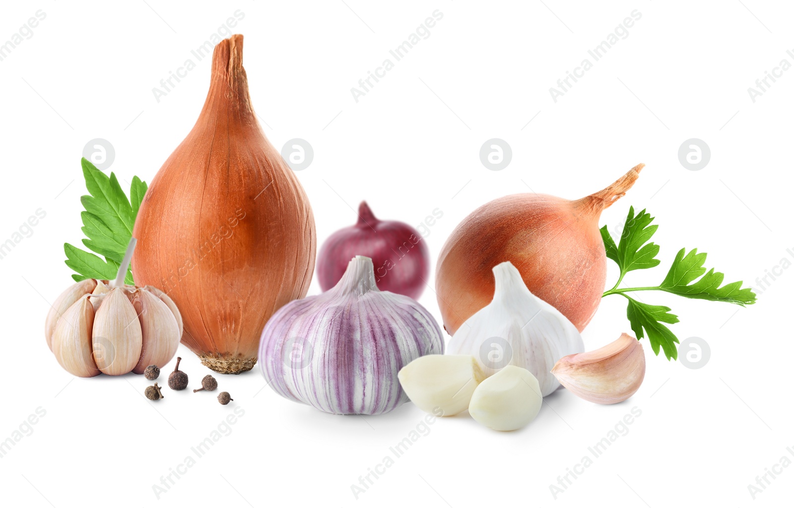 Image of Mix of fresh garlic and onions on white background