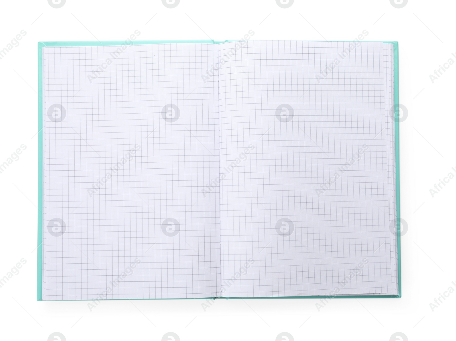 Photo of Open notebook with blank sheets isolated on white, top view