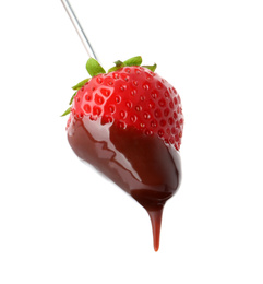 Photo of Strawberry with chocolate on fondue fork against white background