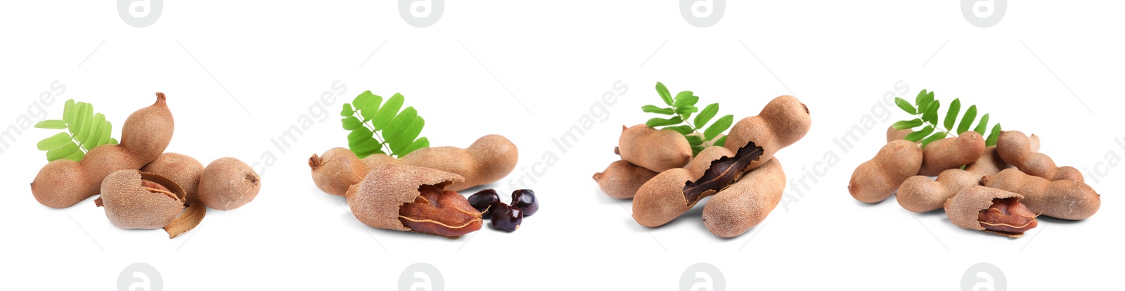 Image of Set with delicious ripe tamarinds on white background, banner design. Exotic fruit