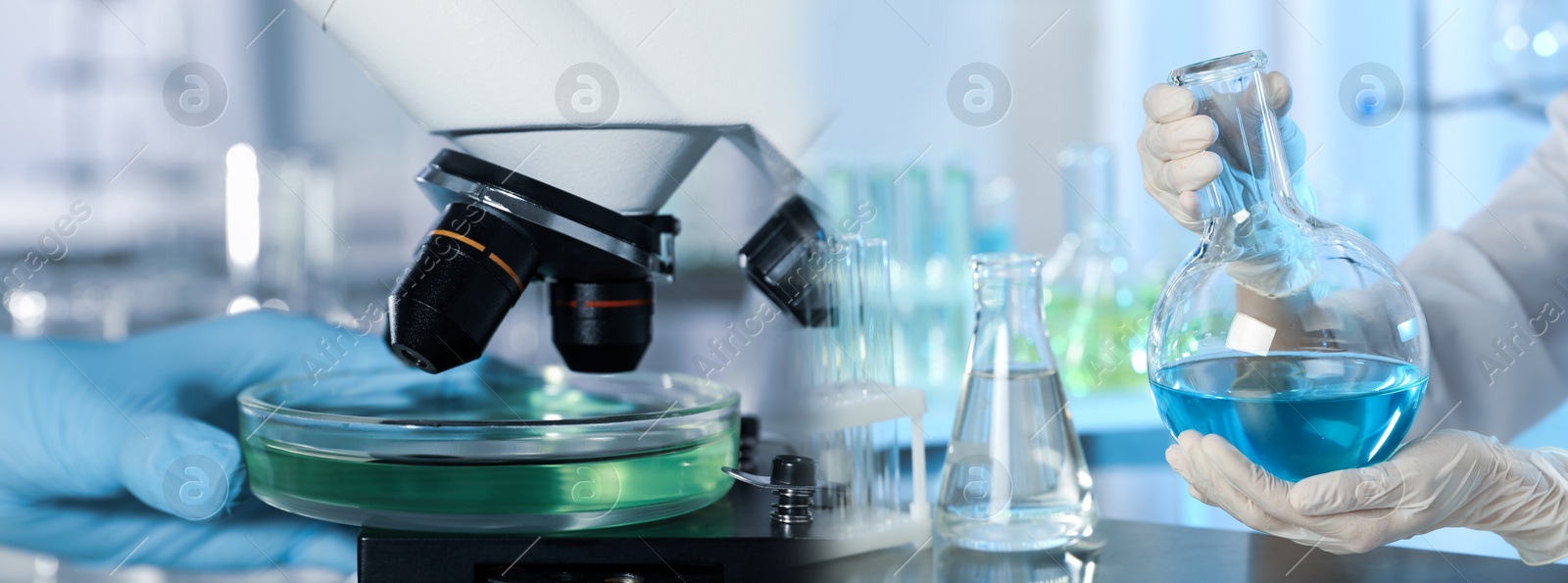 Image of Scientists doing research and analysis in chemical laboratory, closeup. Banner design   