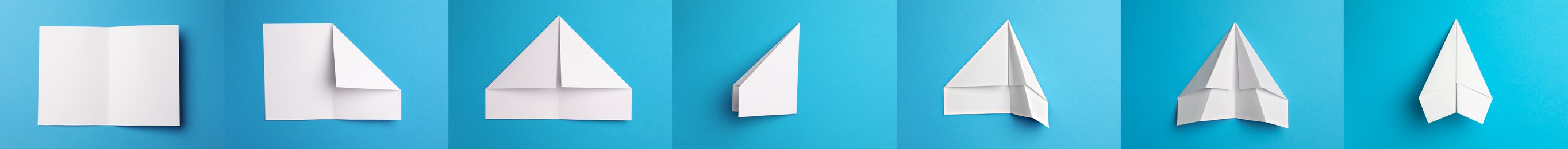 Image of How to make paper plane: step by step instruction. Collage with photos of folded white paper sheets on light blue background, top view. Banner design
