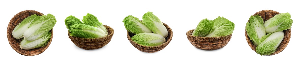 Image of Collage with fresh Chinese cabbages in wicker baskets on white background