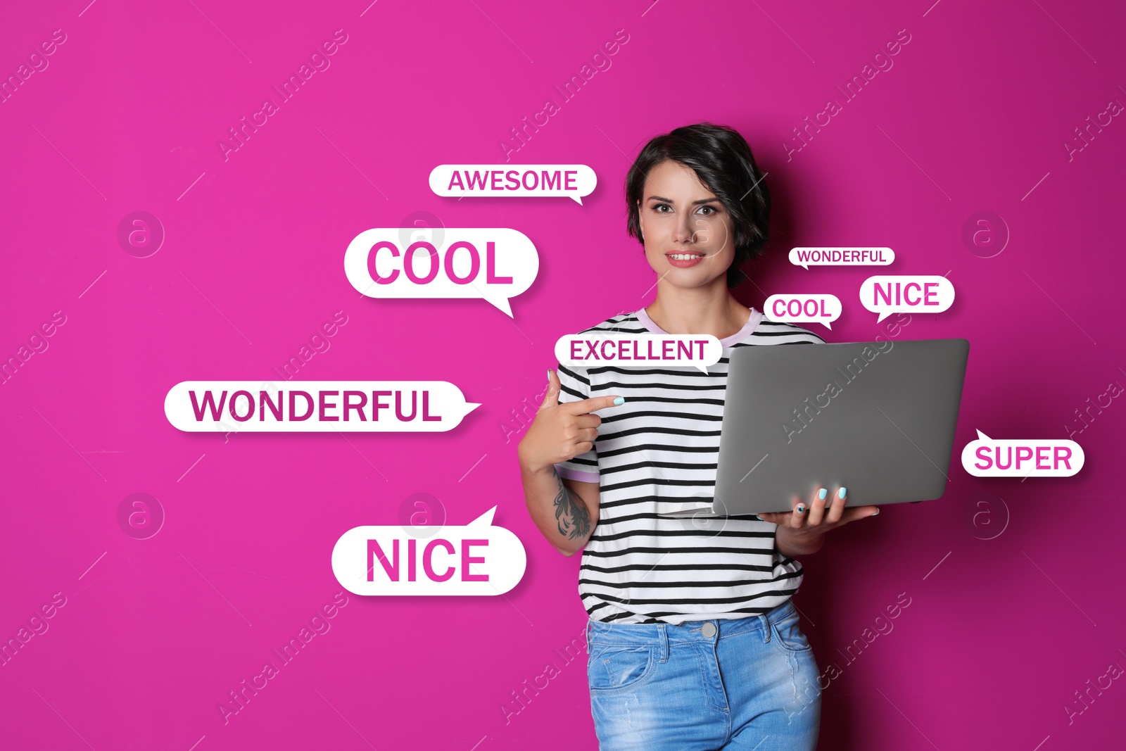 Image of Woman using laptop to give feedback on color background. Customer review