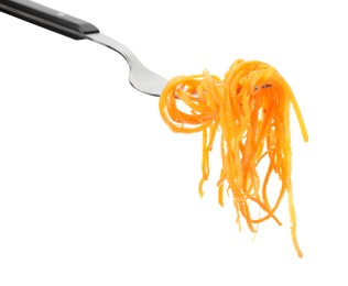 Photo of Fork with delicious Korean carrot salad on white background