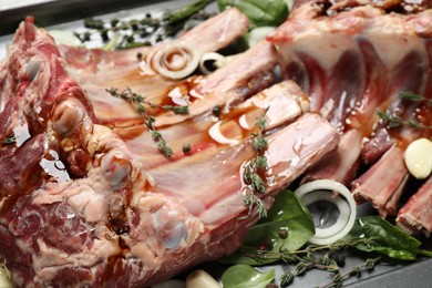 Raw spare ribs with herbs and seasonings, closeup