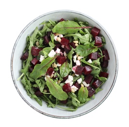 Delicious beet salad with feta cheese in bowl isolated on white, top view