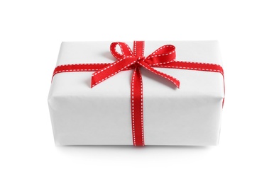 Photo of Beautifully wrapped gift box on white background