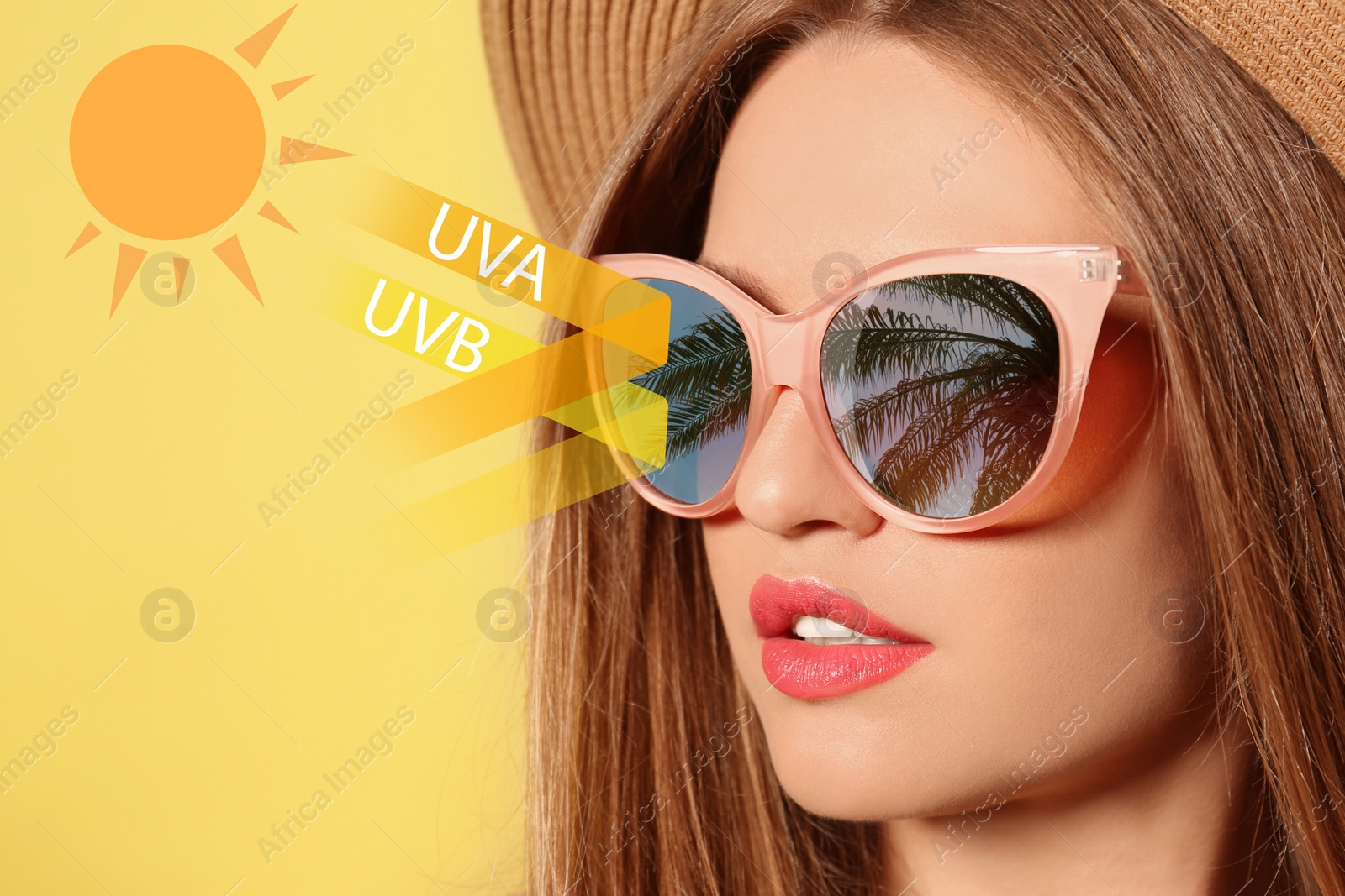 Image of Woman wearing sunglasseson yellow background, closeup. UVA and UVB rays reflected by lenses, illustration