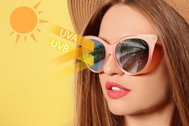 Woman wearing sunglasseson yellow background, closeup. UVA and UVB rays reflected by lenses, illustration