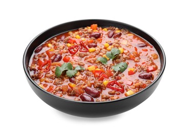 Bowl with tasty chili con carne on white background