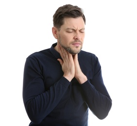 Man suffering from cough isolated on white