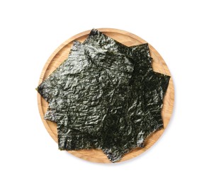Photo of Wooden plate with dry nori sheets on white background, top view