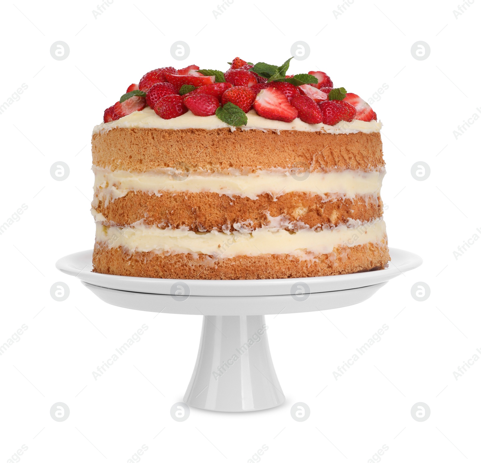 Photo of Tasty cake with fresh strawberries and mint isolated on white