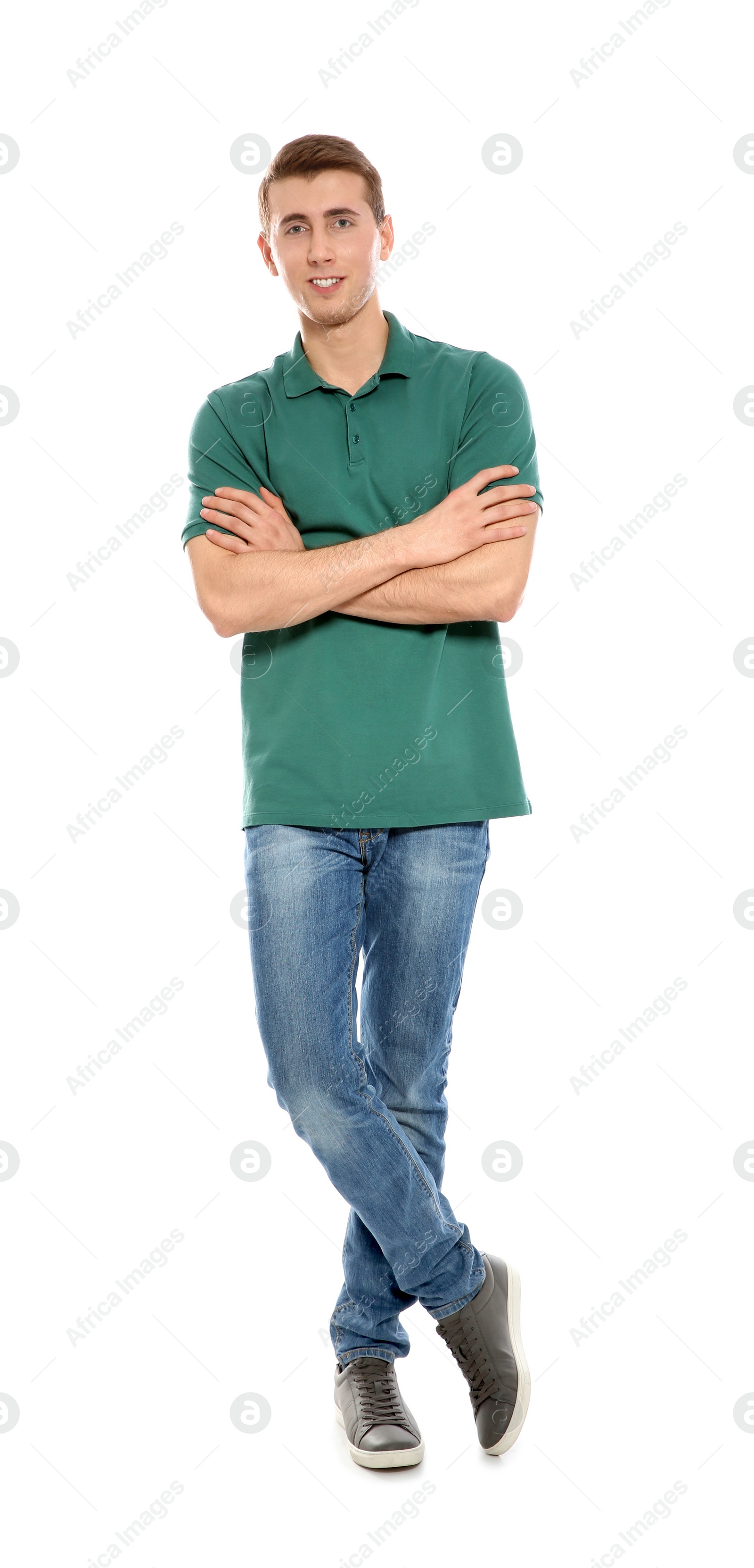 Photo of Full length portrait of young man in stylish clothes on white background