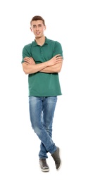 Full length portrait of young man in stylish clothes on white background