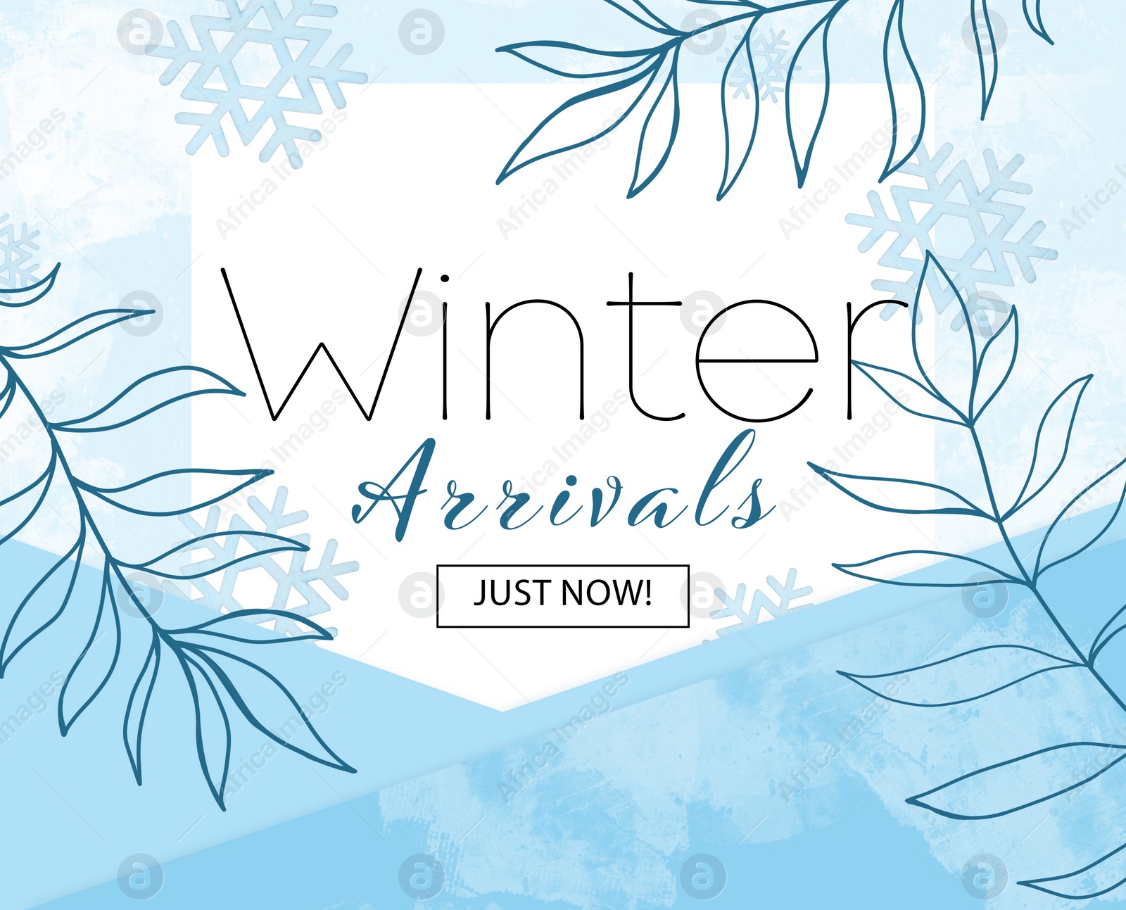 Illustration of Winter arrivals flyer design with snowflakes, leaves and text on light blue background