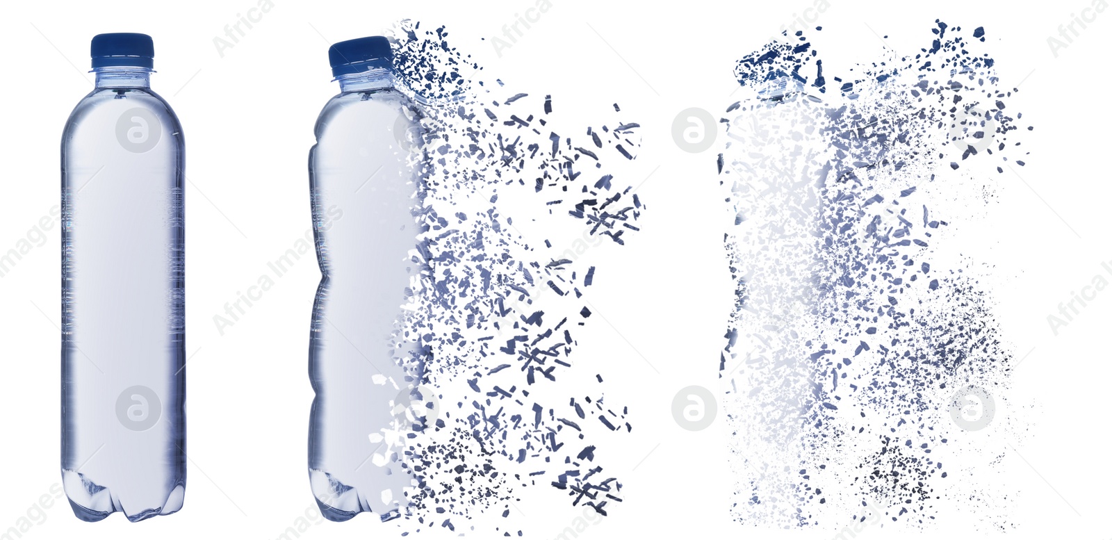 Image of Set with bottles of water vanishing on white background. Decomposition of plastic pollution, banner design