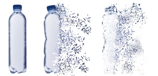 Image of Set with bottles of water vanishing on white background. Decomposition of plastic pollution, banner design