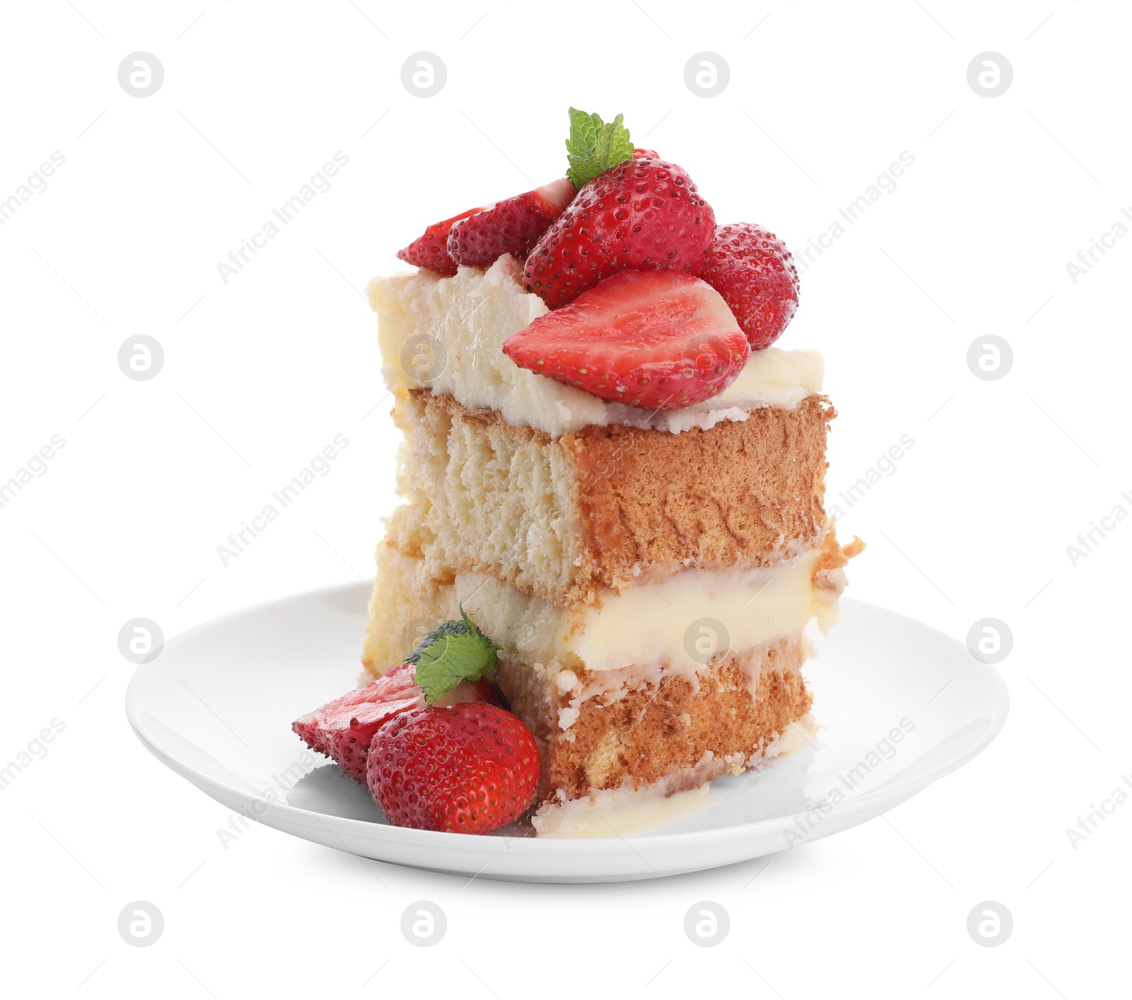 Photo of Piece of tasty cake with fresh strawberries and mint isolated on white