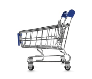 Photo of Empty metal shopping trolley isolated on white