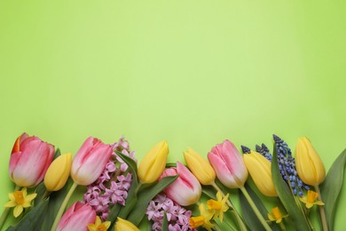 Photo of Beautiful different flowers on green background, flat lay. Space for text