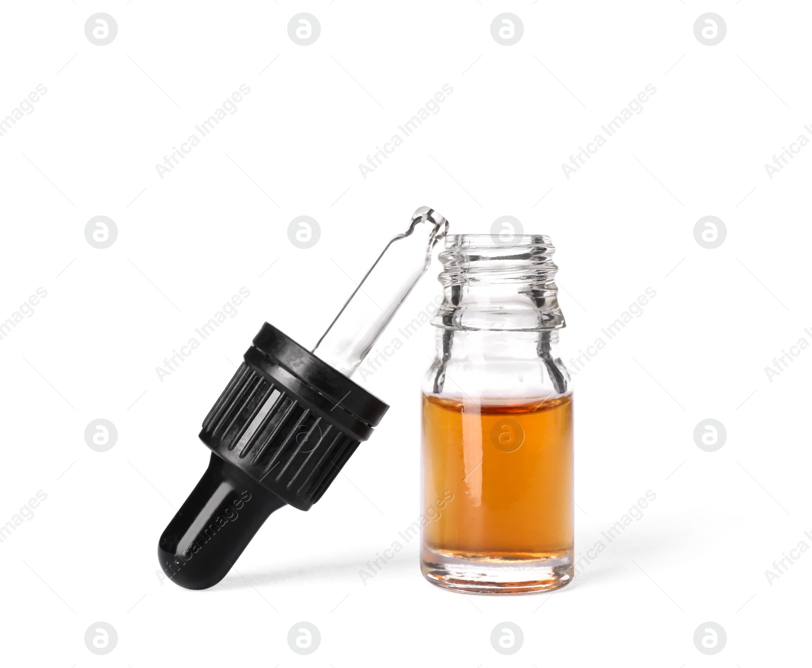 Photo of Cosmetic bottle and pipette with essential oil on white background