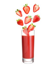 Image of Freshly made strawberry juice on white background. Cut and whole berries falling into glass